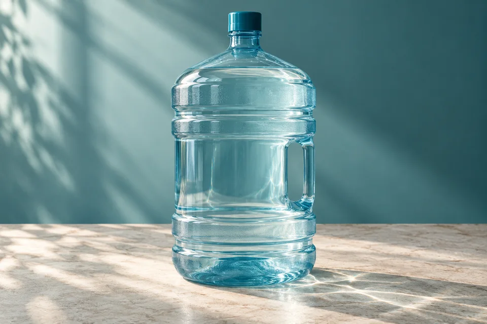 Illustrative reusable water-cooler bottle with a teal cap.