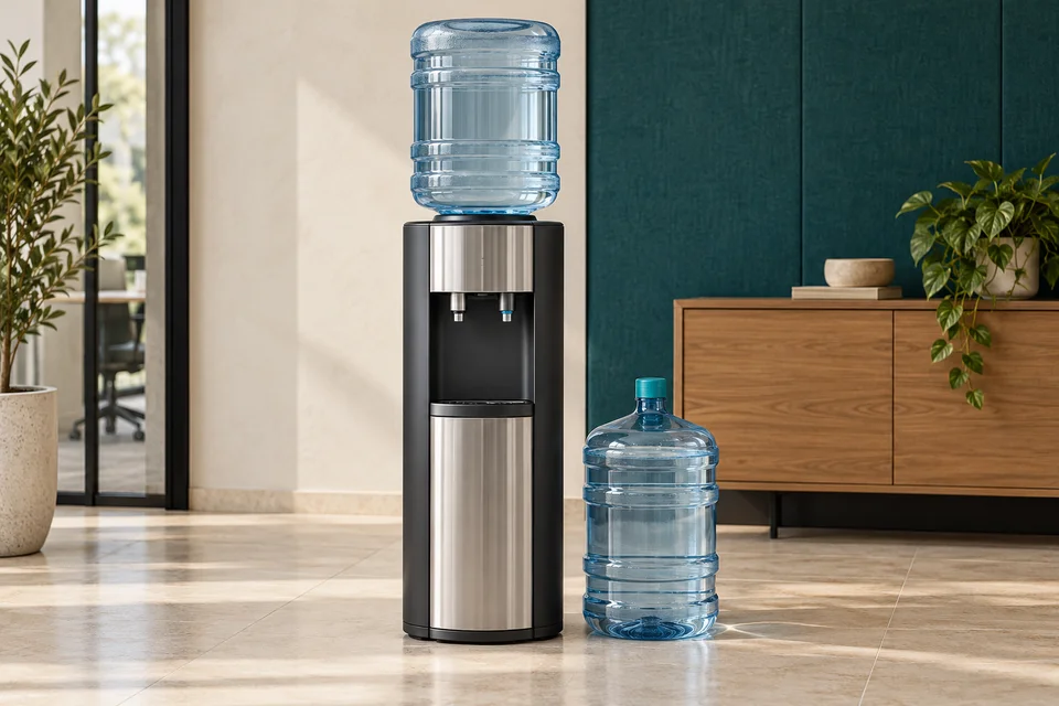 Illustrative water dispenser with 18.9-litre plastic water bottles.