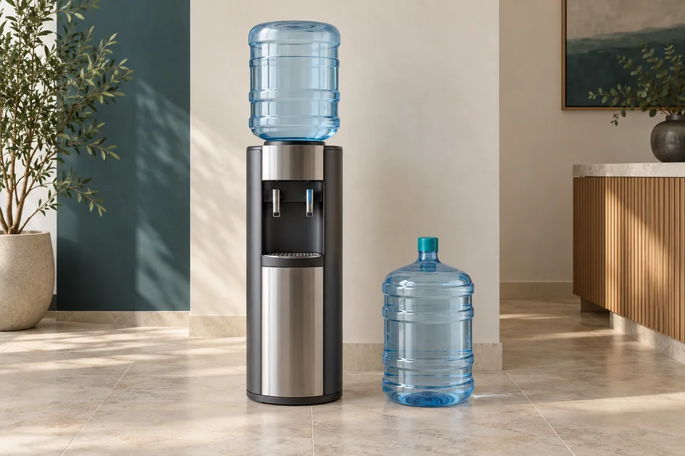 Illustrative water dispenser with 18.9-litre plastic water bottles.